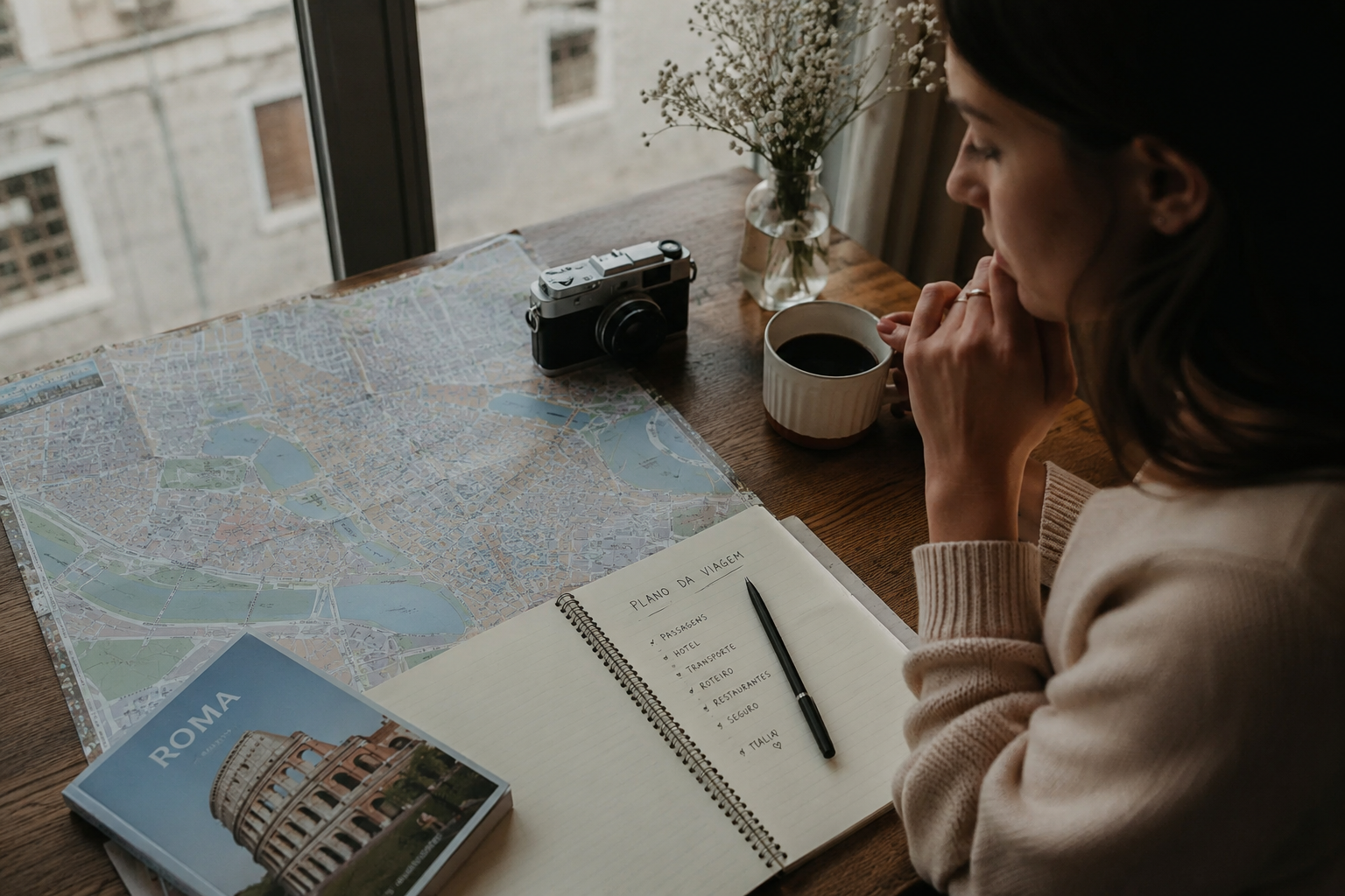 Mulher planejando uma viagem com mapa, caf&eacute;, c&acirc;mera e caderno sobre a mesa