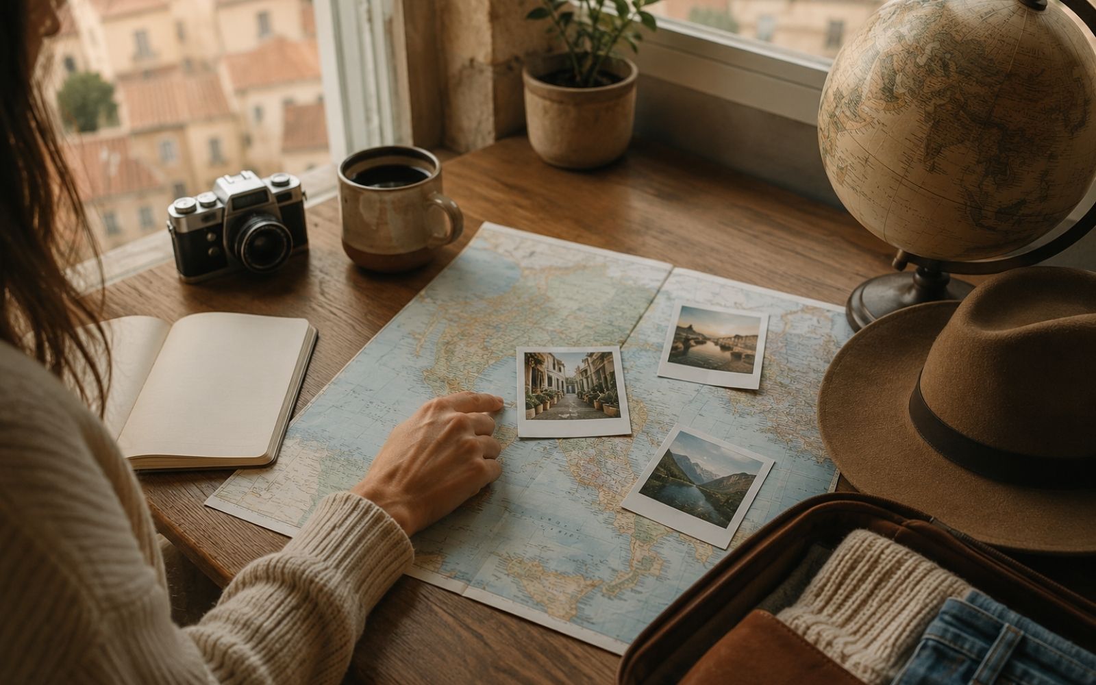 Pessoa planejando uma viagem com mapa, fotografias, caf&eacute;, c&acirc;mera e globo sobre a mesa
