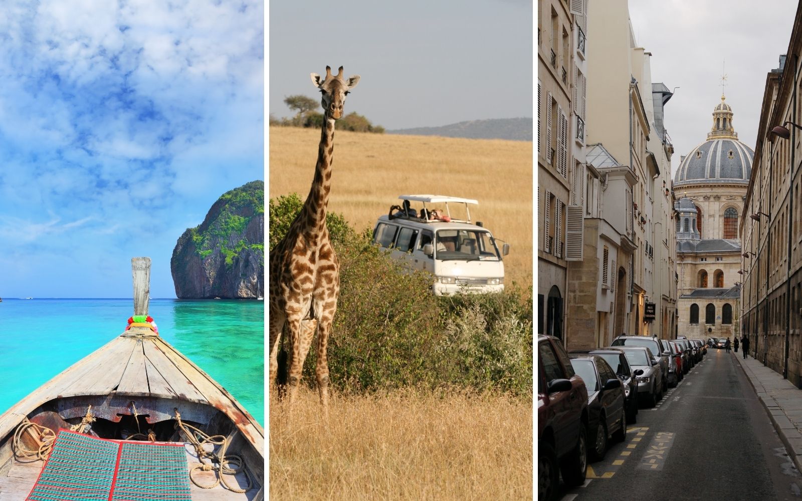 Colagem com praia, saf&aacute;ri e rua hist&oacute;rica mostrando estilos diferentes de viagem
