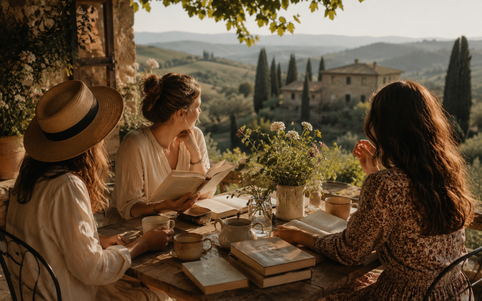 Mulheres lendo em uma mesa com vista para a paisagem da Toscana