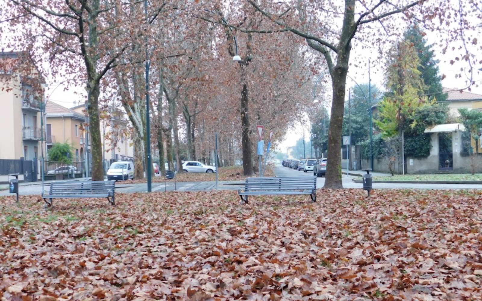 Pra&ccedil;a arborizada com bancos e folhas secas durante o outono